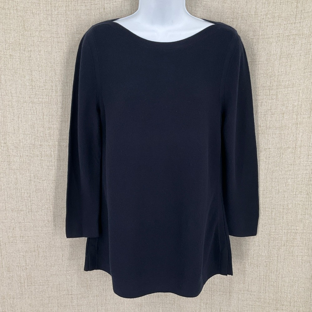 Talbots Knit Top Womens M Navy Blue Cotton Blend Boat Neck Ribbed Minimalist